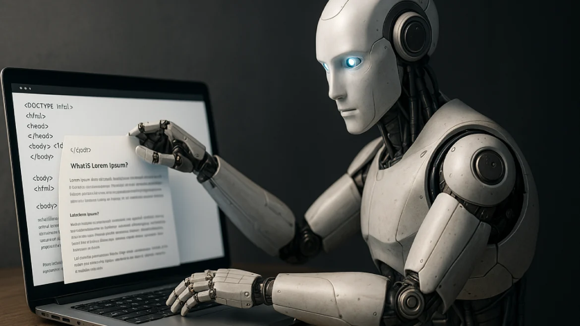 Robot AI wyciągający tekst z ekranu laptopa – symbol kradzieży treści przez sztuczną inteligencję.