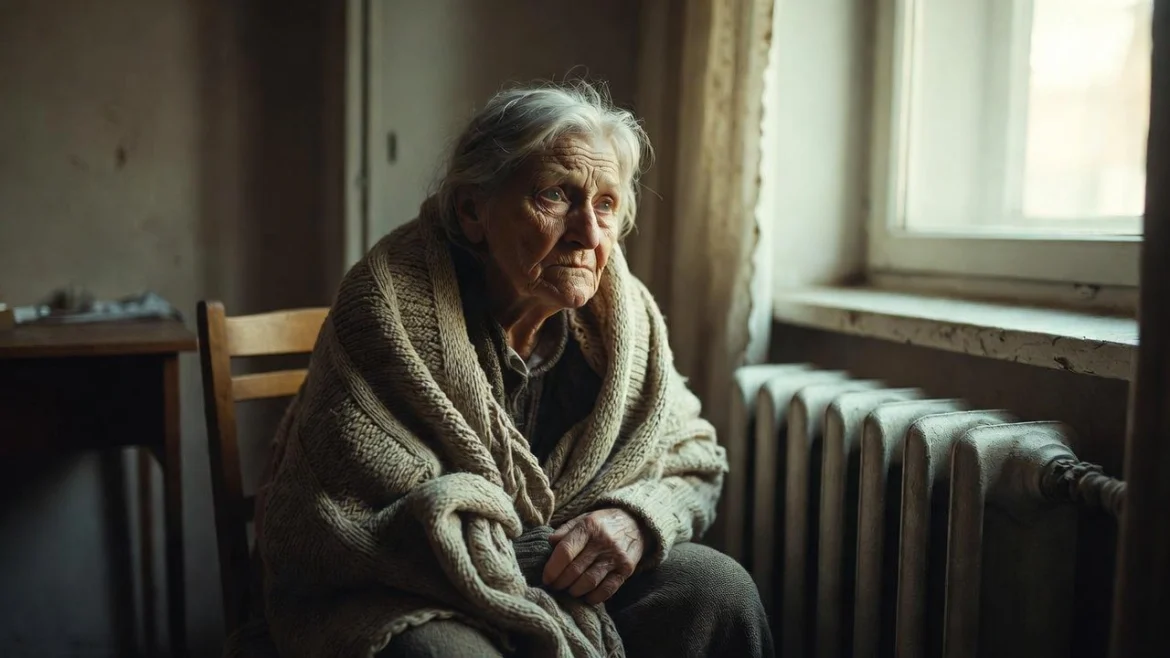 Starsza kobieta w ciepłym swetrze siedzi w chłodnym mieszkaniu i patrzy na kaloryfer
