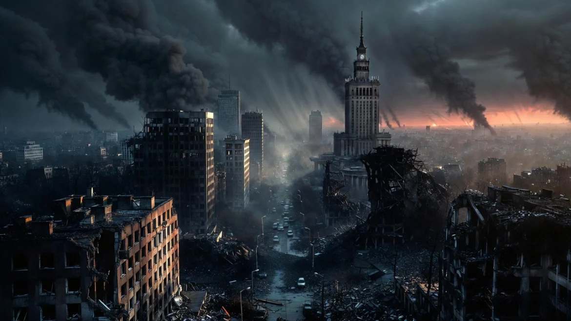 Symboliczna wizja końca cywilizacji po wojnie nuklearnej – zniszczone miasto i ciemne niebo